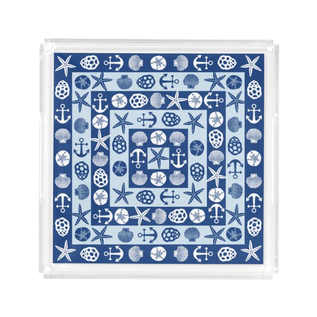 Beach Seashells Nautical Modern Blue White Acrylic Tray (Front)