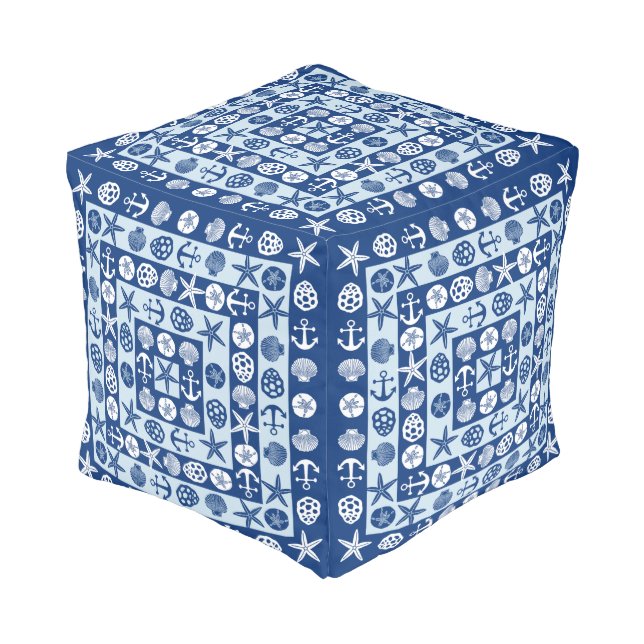Beach Seashells Nautical Modern Blue White Pouf (Angled Front)