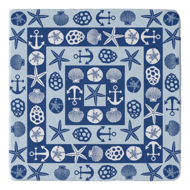 Beach Seashells Nautical Modern Blue White Trivet (Front)