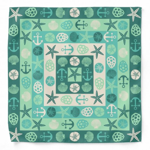 Beach Seashells Nautical Modern Teal Green Bandana