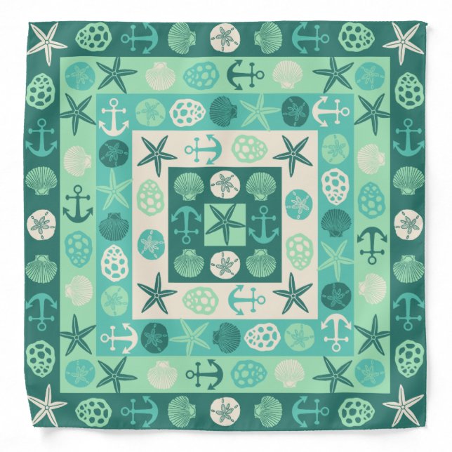 Beach Seashells Nautical Modern Teal Green Bandana (Front)