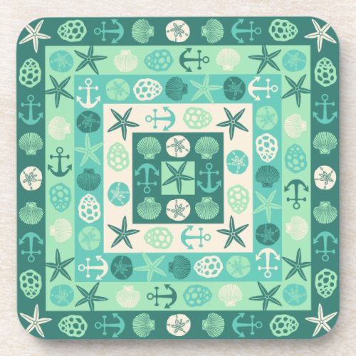 Beach Seashells Nautical Modern Teal Green Beverage Coaster