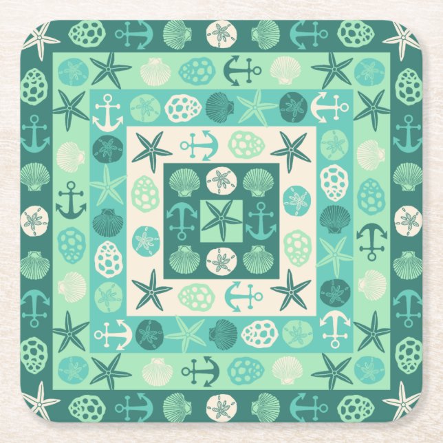 Beach Seashells Nautical Modern Teal Green Square Paper Coaster (Front)