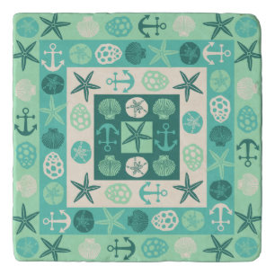 Beach Seashells Nautical Modern Teal Green Trivet