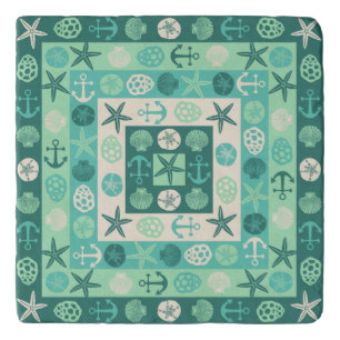 Beach Seashells Nautical Modern Teal Green Trivet
