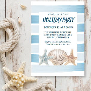 Beach Seashells Nautical Stripes Holiday Party Invitation