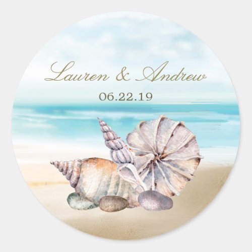 Beach Seashells Nautical Tropical Wedding Monogram Classic Round Sticker