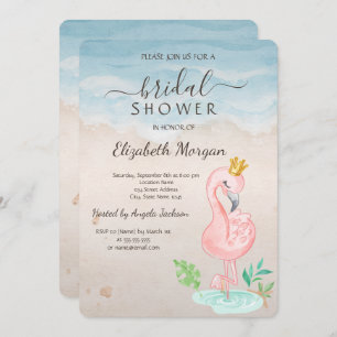 Beach Seashells Pink Flamingos Bridal Shower Invitation
