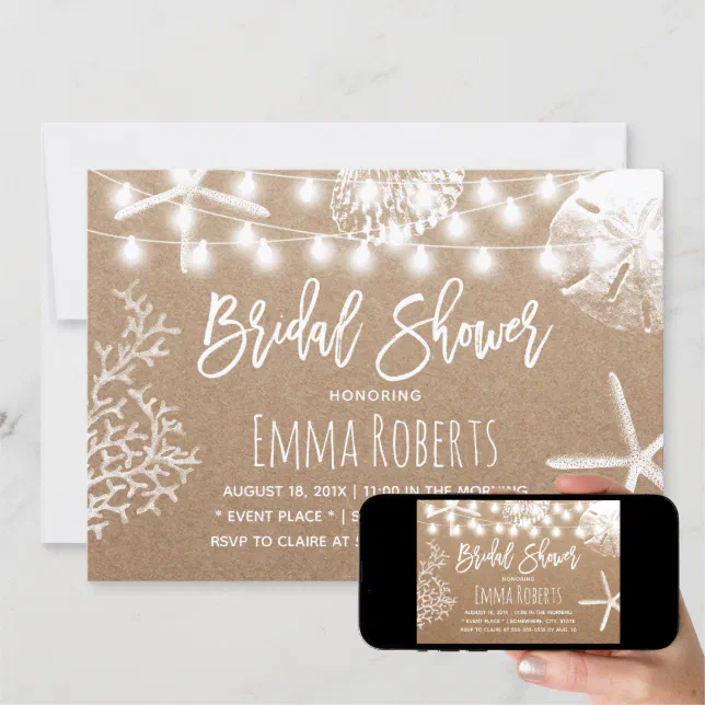 Beach Seashells Rustic Kraft Bridal Shower Invitation Zazzle