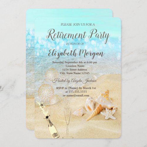 Beach Seashells Sand BalloonsWine Retirement  Invitation