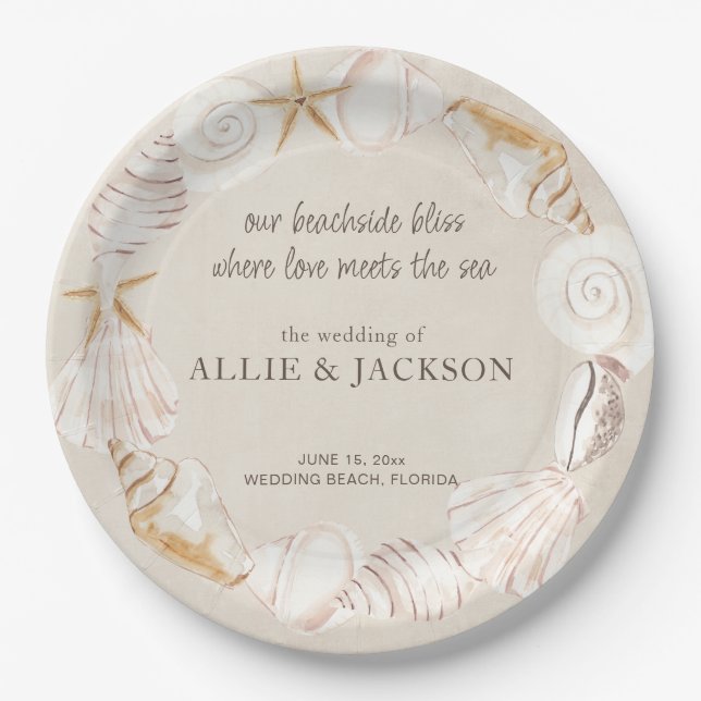 Beach Seashells Sand Love Sea Wedding Paper Plates (Front)
