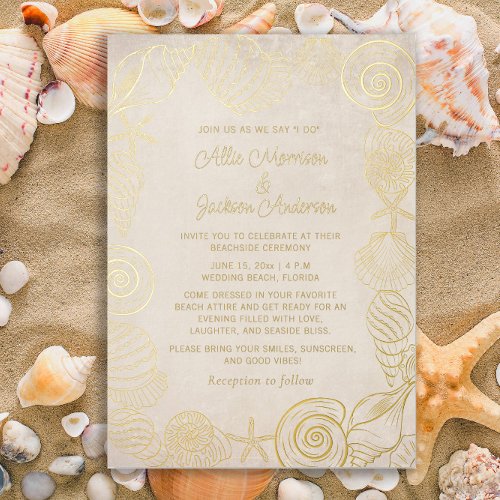 Beach Seashells Sand Seaside Wedding  Foil Holiday Card