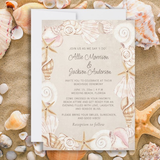 Beach Seashells Sand Seaside Wedding  Invitation (Beach, seashells, and starfish wedding invitation)