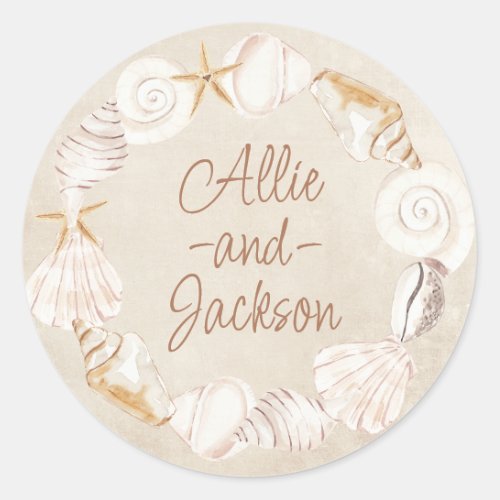 Beach Seashells Sand Seaside Wedding Names Classic Round Sticker