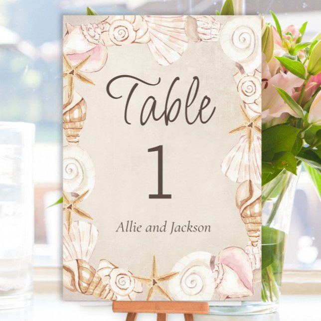 Beach Seashells Sand Seaside Wedding Reception Table Number (Seashell beach wedding table number card)