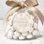 Beach Seashells Sand Seaside Wedding Thank You Classic Round Sticker<br><div class="desc">Beautiful sand-colored beachside wedding "thank you" stickers,  personalized with the names of the bride and groom,  their wedding date,  and wedding location,  and framed with gorgeous seashells. Contact me for assistance with your customizations or to request additional matching or coordinating Zazzle products for your event.</div>