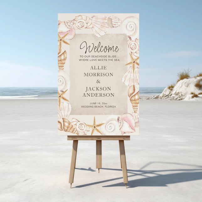 Beach Seashells Sand Seaside Wedding Welcome Foam Board (Beach/sea shells wedding easel "Welcome" sign)