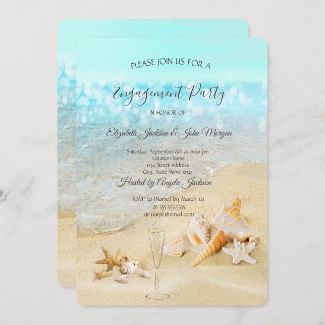 Beach Seashells Sand Wine Glass Engagement   Invitation (Front/Back)