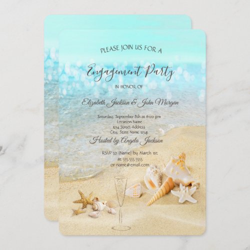 Beach Seashells Sand Wine Glass Engagement   Invitation