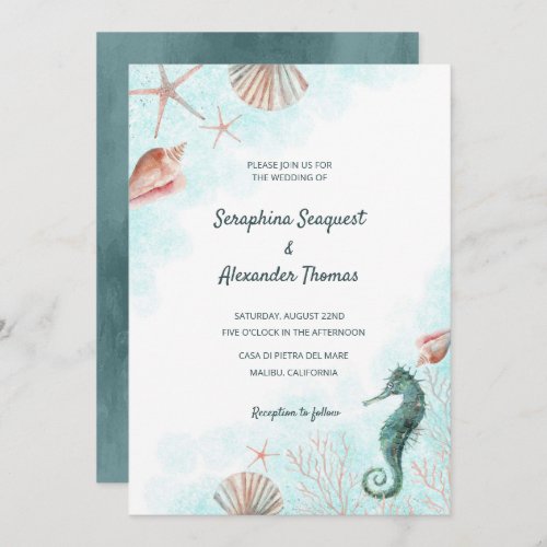 Beach Seashells Seahorse Watercolor Wedding Invitation