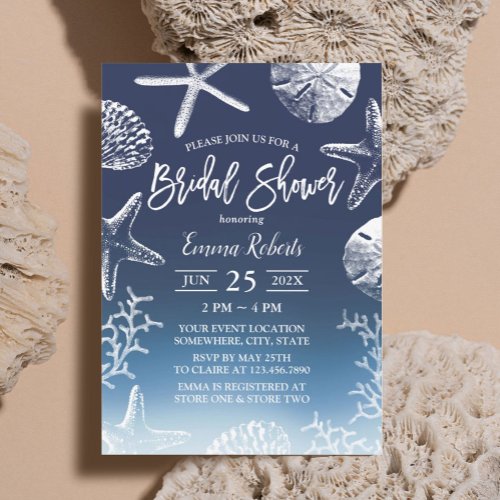 Beach Seashells Starfish Navy Ombre Bridal Shower  Invitation