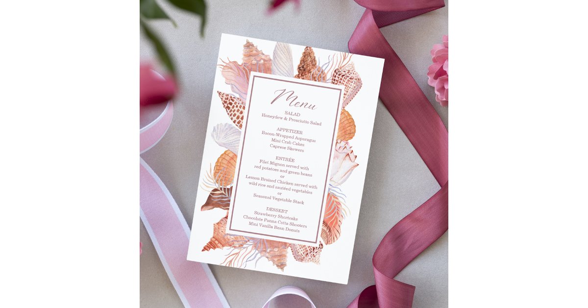 Beach Seashells Watercolor Coastal Chic Flat Menu | Zazzle