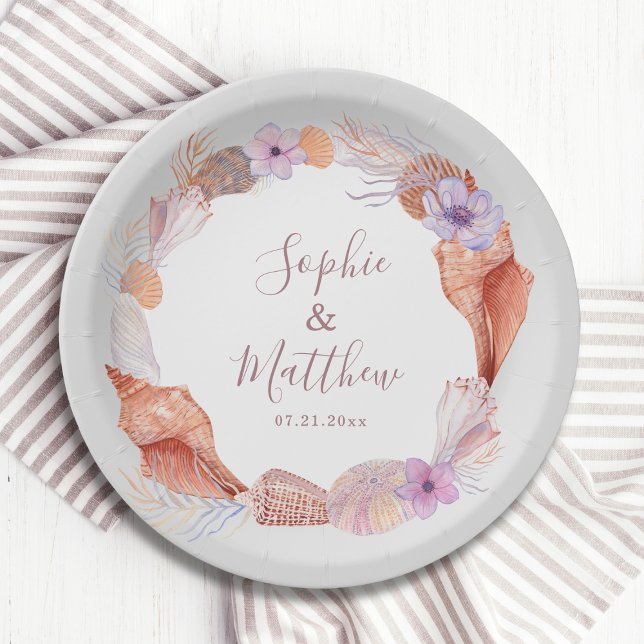 Beach Seashells Watercolor Coastal Chic Wedding Paper Plates (Creator Uploaded)