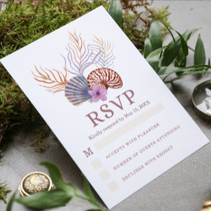 Beach Seashells Watercolor Coastal Chic Wedding RSVP Card