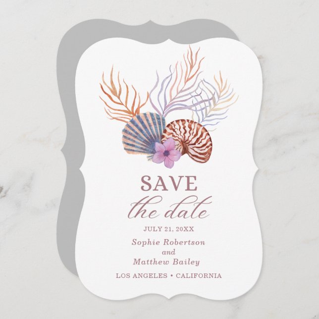 Beach Seashells Watercolor Coastal Chic Wedding Save The Date (Front/Back)