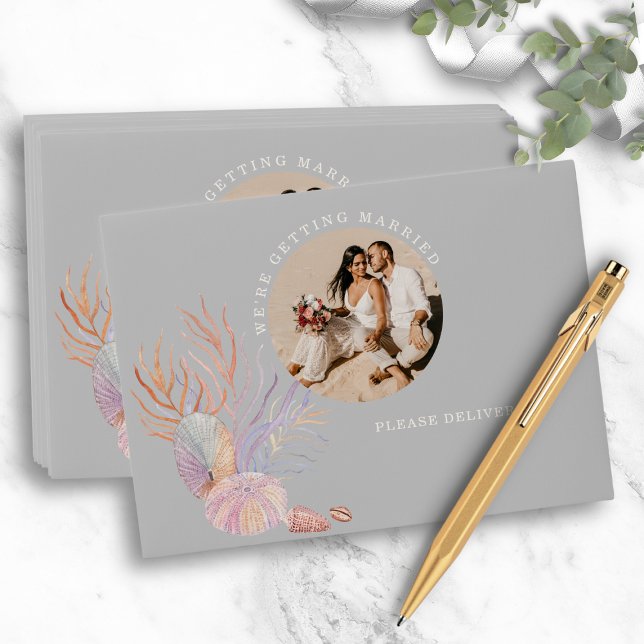 Beach Seashells Watercolor Coastal Photo Wedding Envelope (Creator Uploaded)