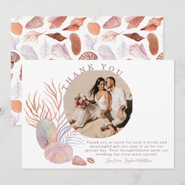 Beach Seashells Watercolor Coastal Photo Wedding Thank You Card (Front/Back)