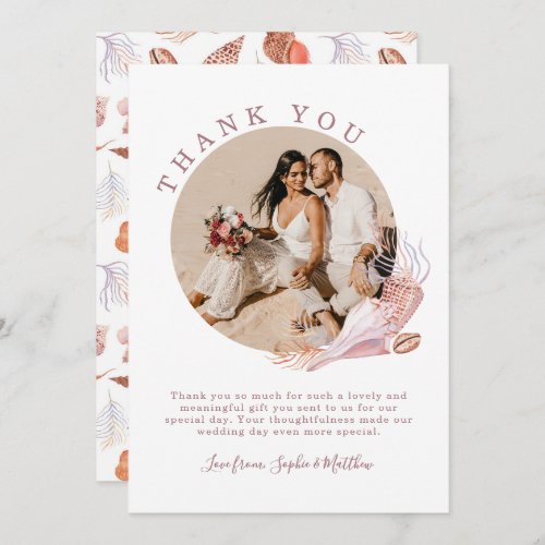 Beach Seashells Watercolor Coastal Photo Wedding Thank You Card