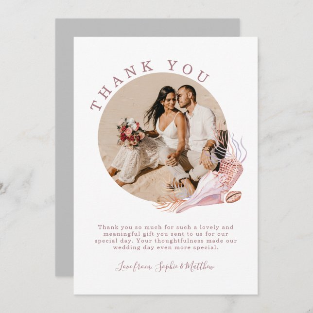 Beach Seashells Watercolor Coastal Photo Wedding Thank You Card (Front/Back)
