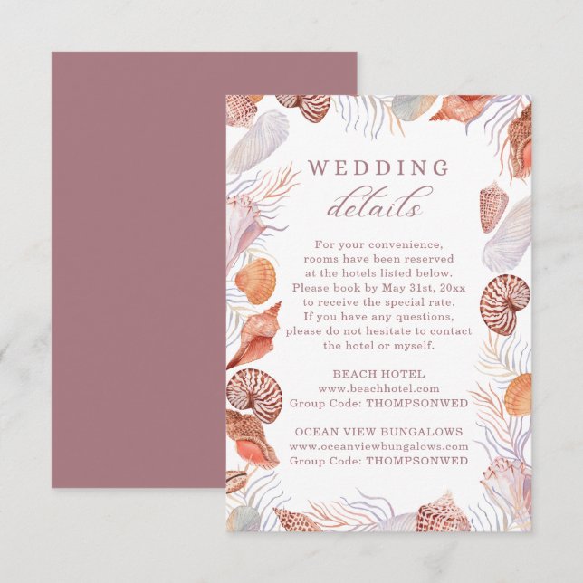 Beach Seashells Watercolor Coastal Wedding Details Enclosure Card (Front/Back)