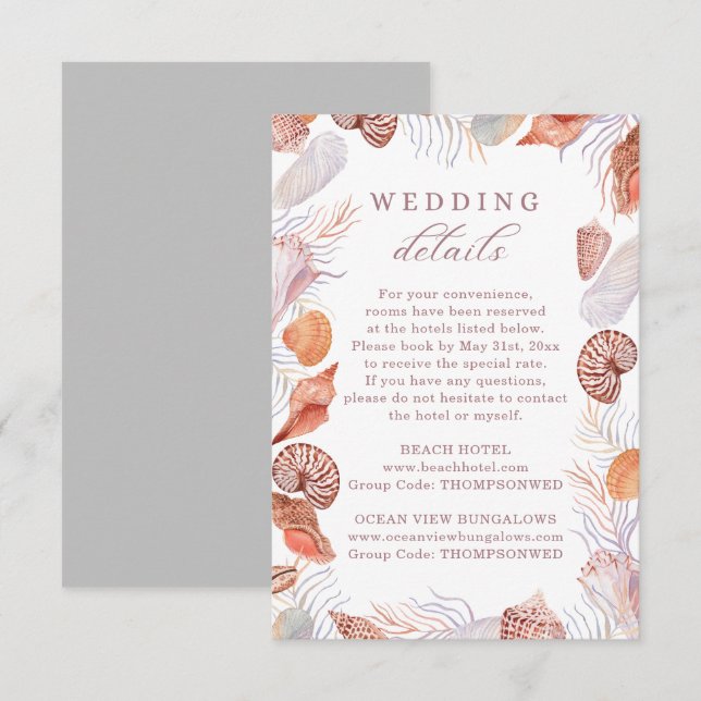 Beach Seashells Watercolor Coastal Wedding Details Enclosure Card (Front/Back)