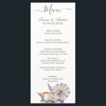 Beach Seashells | Watercolor Nautical Wedding Menu<br><div class="desc">This wedding menu from my Beach Seashells wedding collection features a watercolor seashells design with bride and groom names showcased in handwriting style script, your wedding date, starter courses, entrees and dessert options. The reverse side is solid navy blue. Personalize it with your own names, wedding date and menu options...</div>