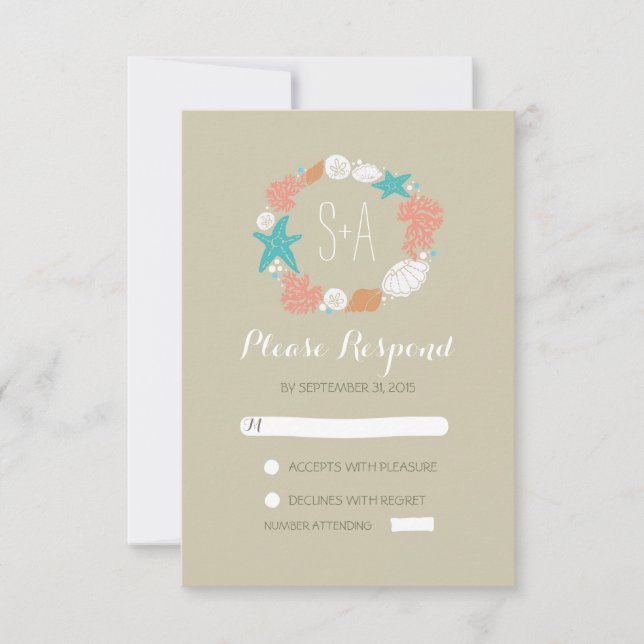 beach seashells wreath wedding RSVP cards (Front)