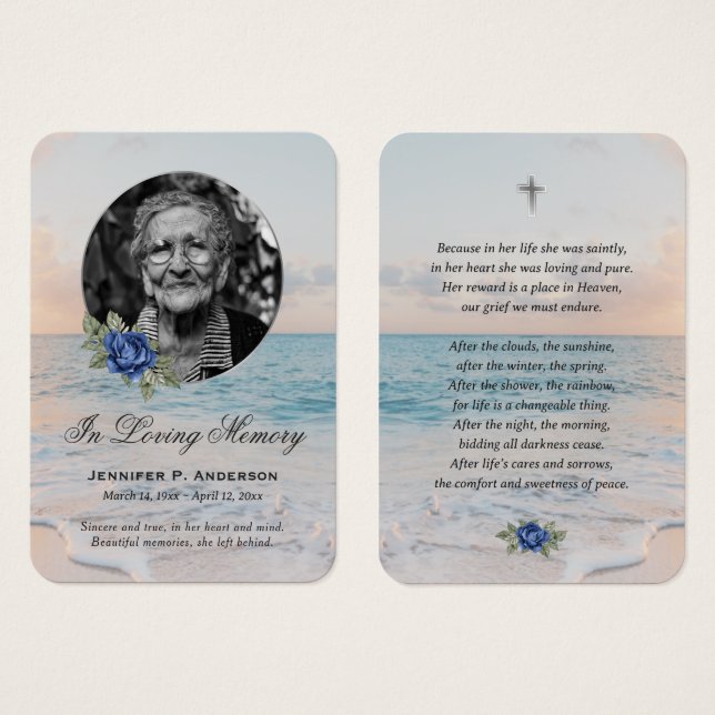 Beach Seashore Navy Blue Floral Memorial Cards (Front & Back)