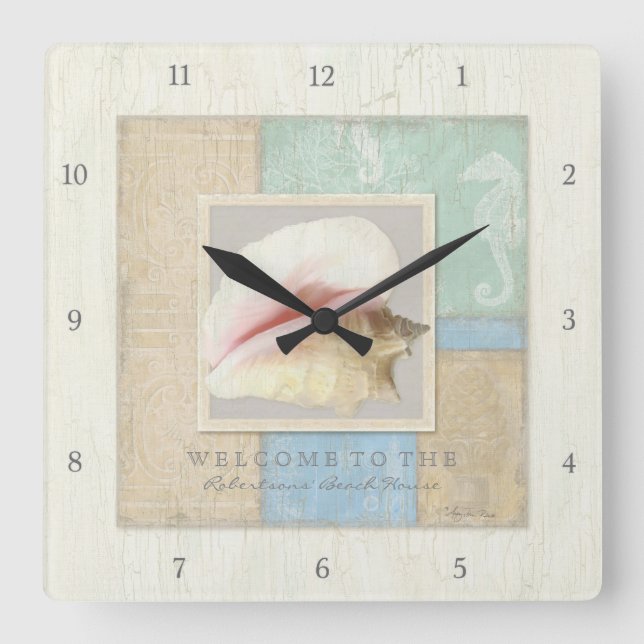 Beach Seashore Ocean Welcome Guest Wooden Boards Square Wall Clock (Front)