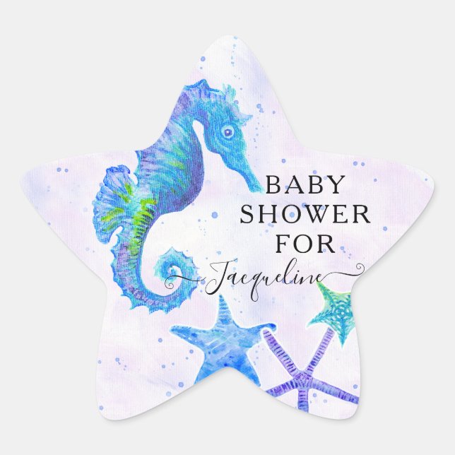 Beach Seaside Bright Seahorse Starfish Baby Shower Star Sticker (Front)