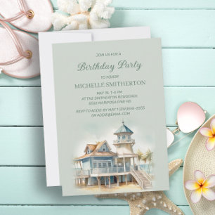 Beach Seaside Cottage Home Palm Trees Birthday Invitation