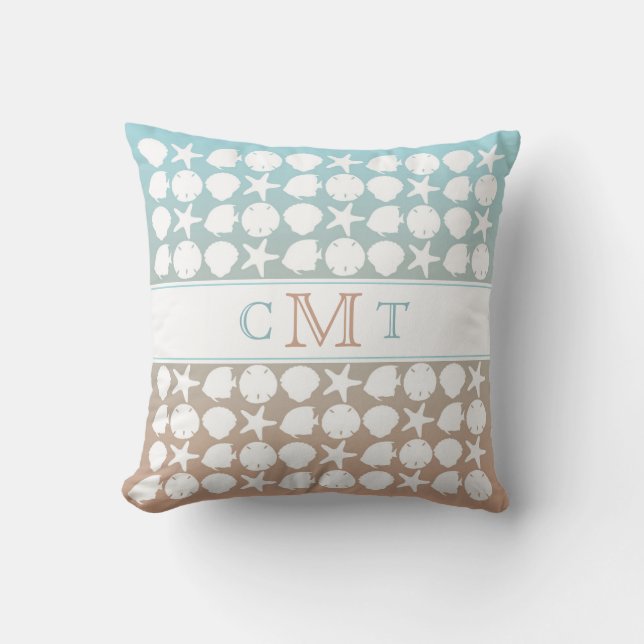 Beach Seaside Gradient Color Monogram Throw Pillow (Front)