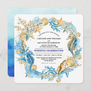 Beach Seaside Seashells Watercolor Wedding Invitation