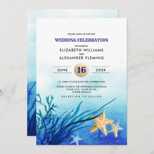 Beach  Seaside Starfish Watercolor Wedding Invitation