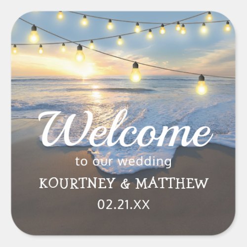 Beach Seaside String Lights Welcome Wedding Square Sticker