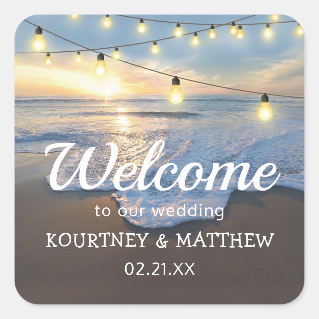 Beach Seaside String Lights Welcome Wedding Square Sticker (Front)