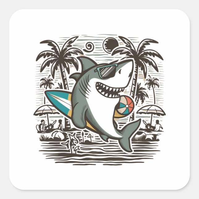 Beach shark t-shirt design square sticker (Front)