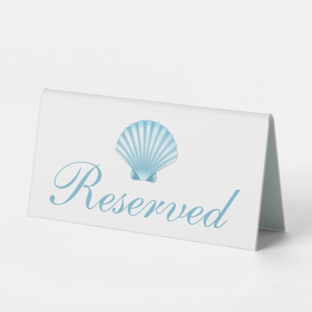 Beach Shell Blue Nautical Elegant Wedding Reserved Table Tent (Front)