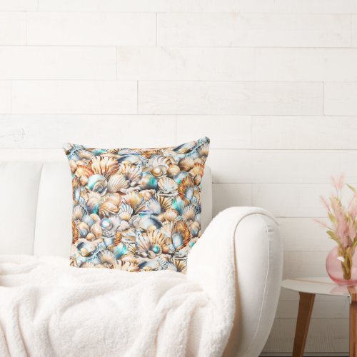 Beach shell collage pattern coastal villa resort throw pillow
