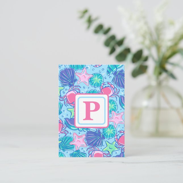 Beach Shell Crab Ocean Monogram Preppy Note Card (Standing Front)